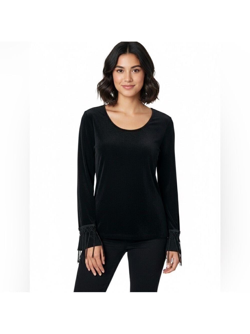 ARTEX Black Slinky Knit Scoop Neck Top with Crochet Fringe Sleeve Detail Sz L